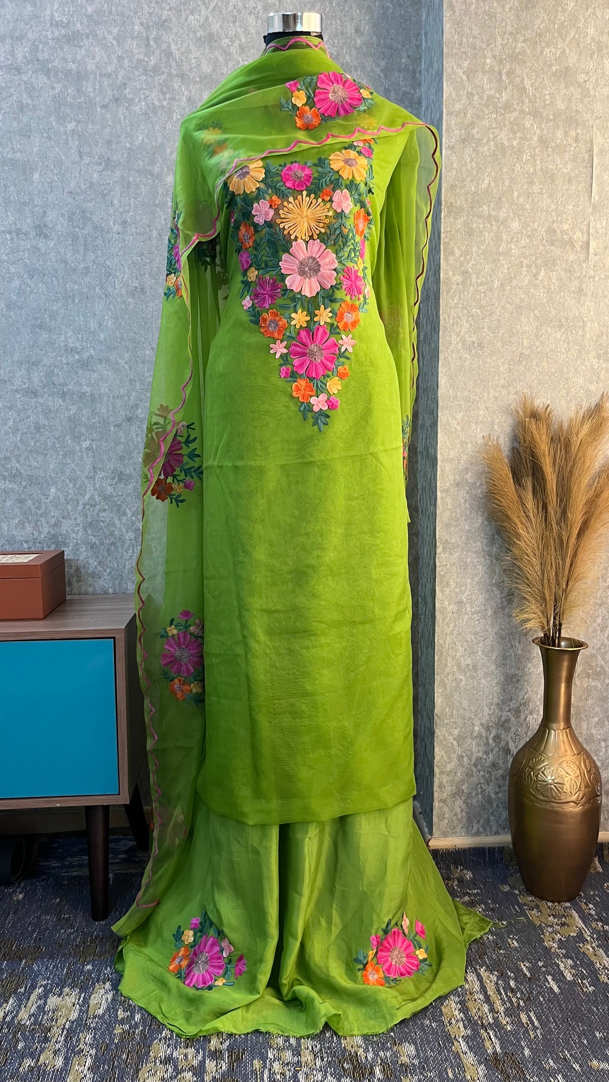 Lime Green Soft Tissue Kashmiri Suit