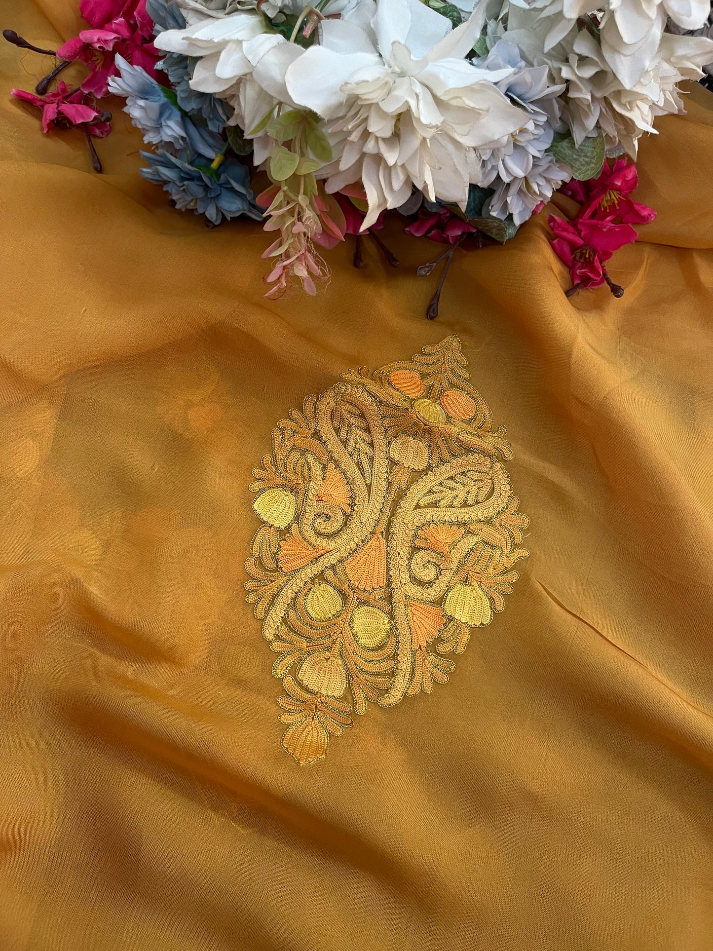 Mustard Yellow Pure Organza Cut Work Kashmiri Suit
