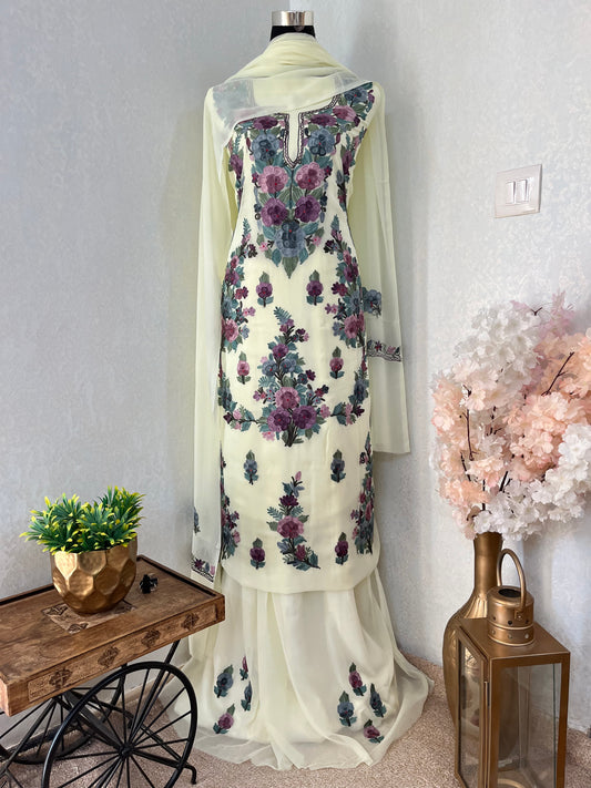 Cream Georgette 3 Pc Kashmiri Suit