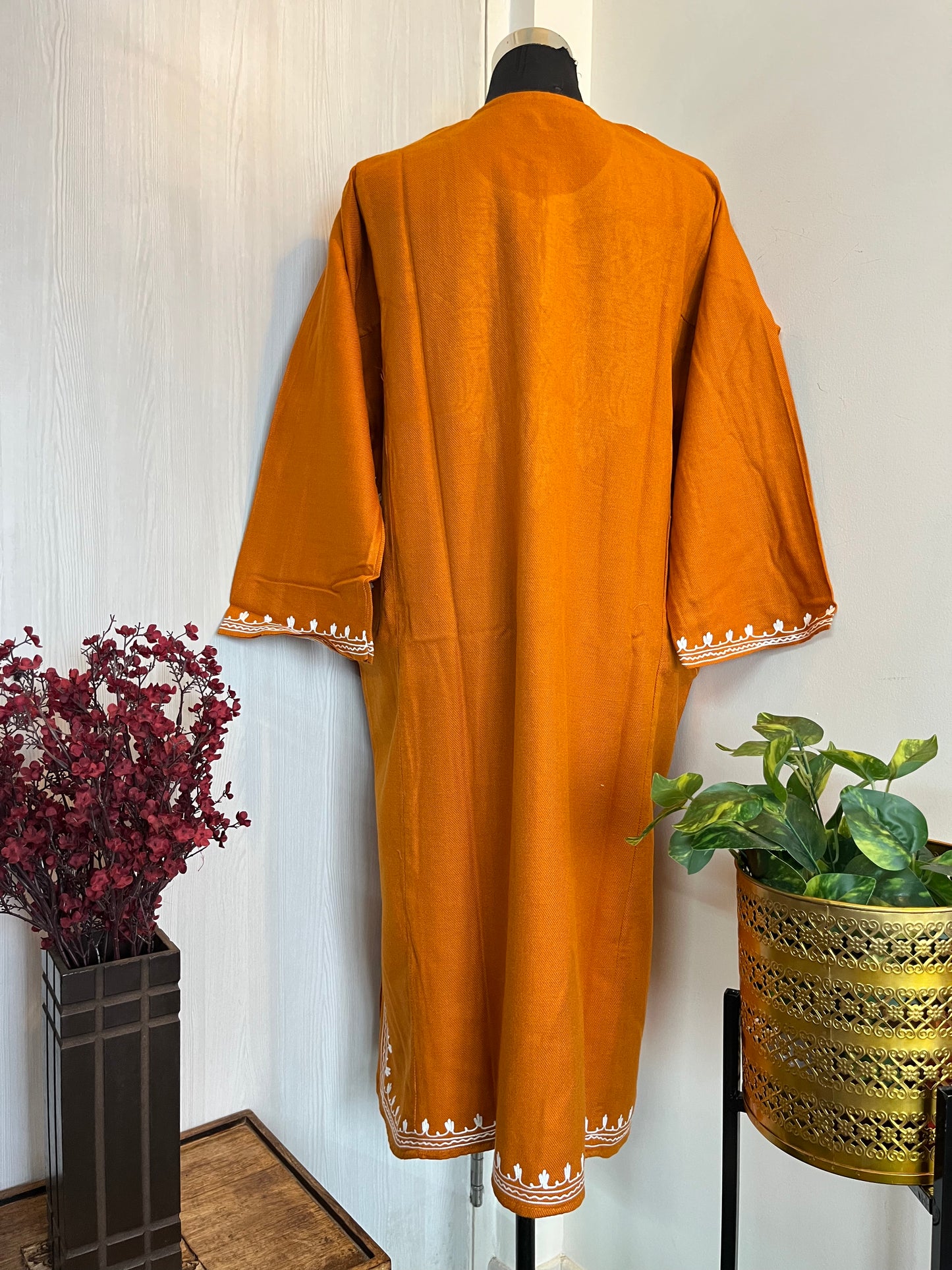 Orange Aari Embroidered Cashmilon Pheran