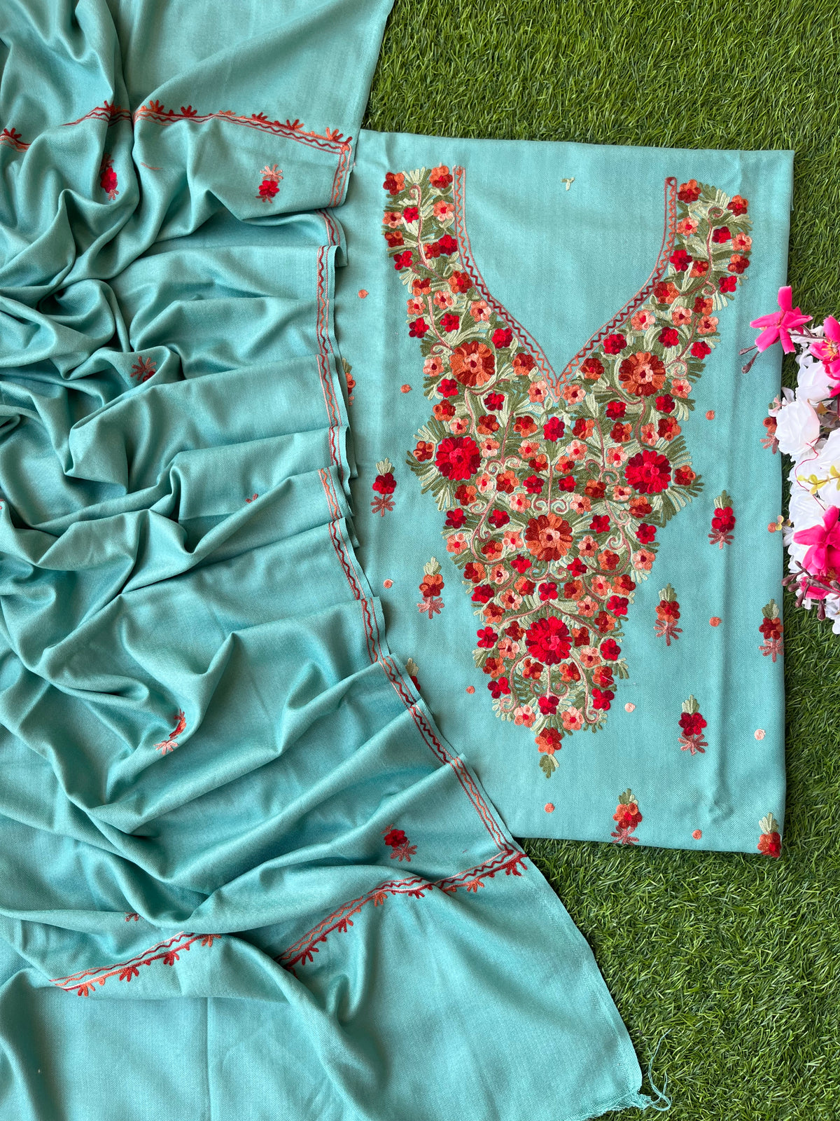 Blue Woollen Aari Embroidered 3pc suit