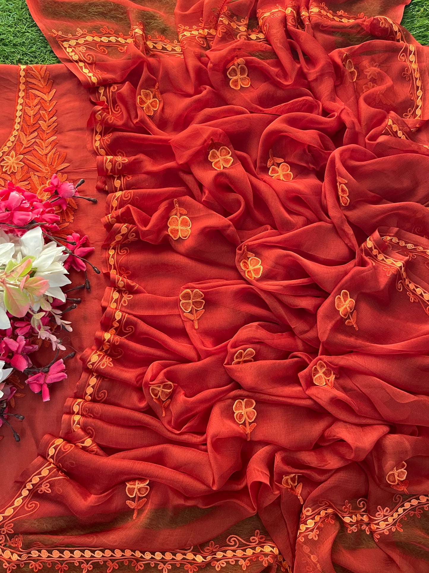 Orange Silk Kashmiri Suit