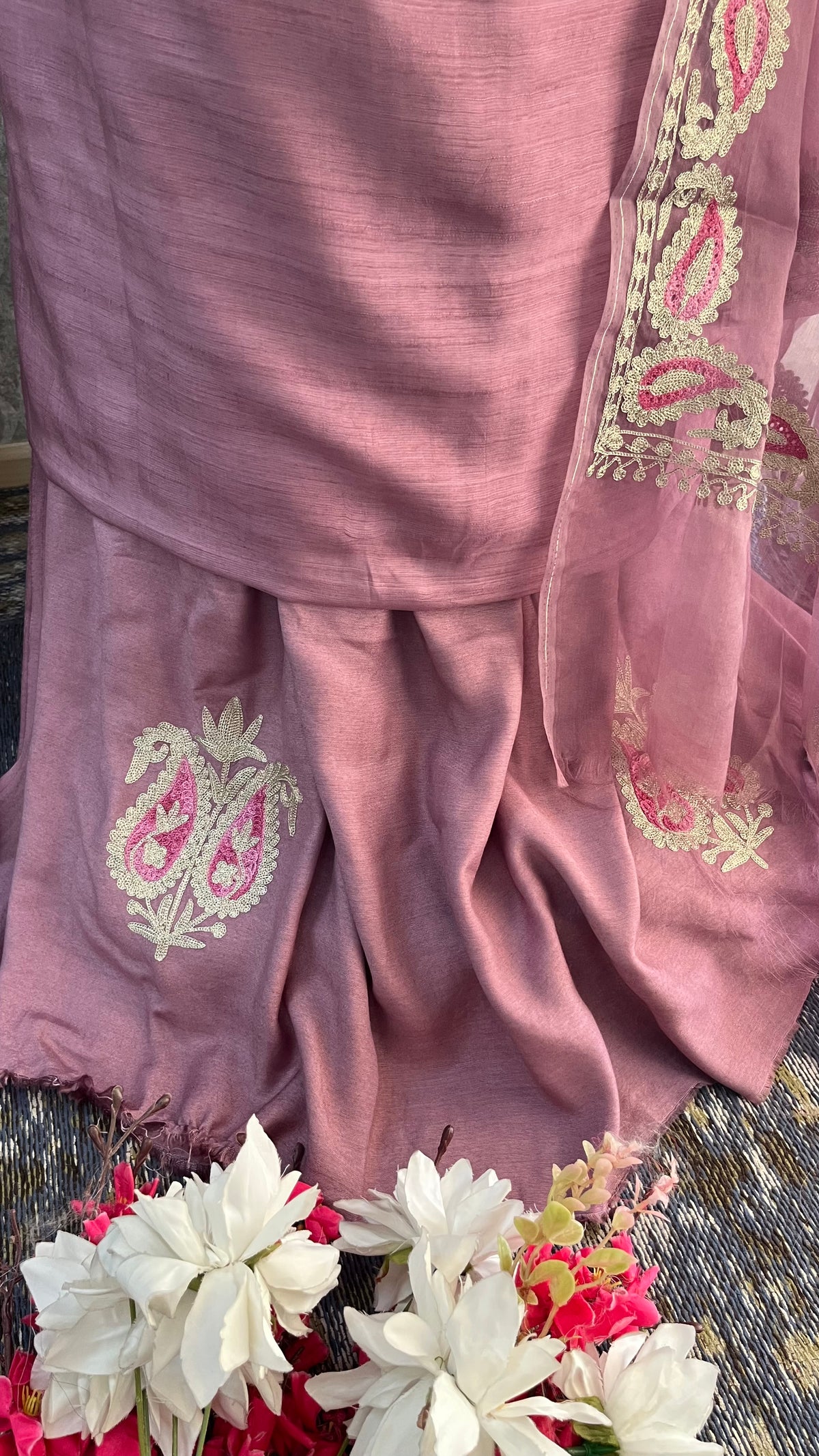 Mauve Russian Silk Kashmiri Suit