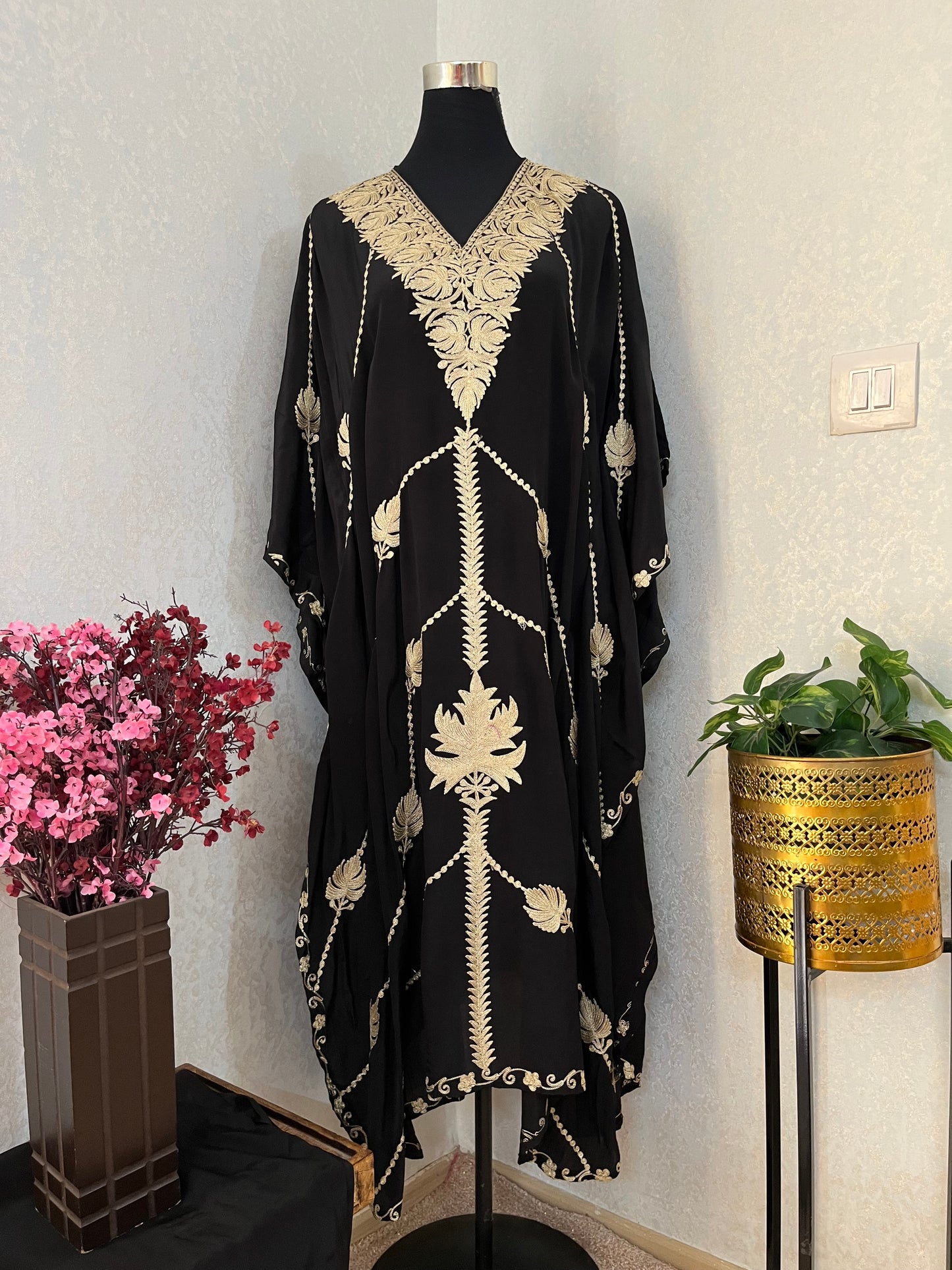 Black Pure Crape Kashmiri Kaftan