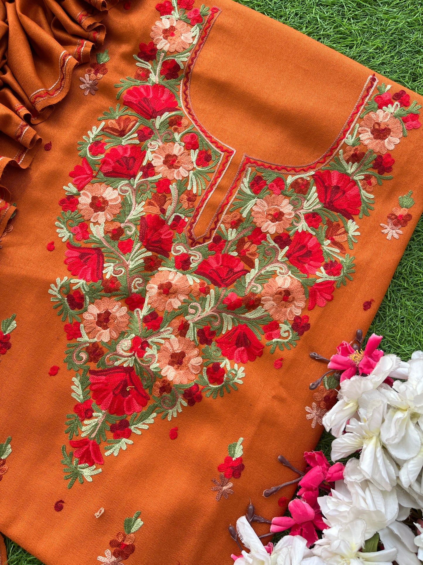 Orange Woollen Aari Embroidered 3pc suit
