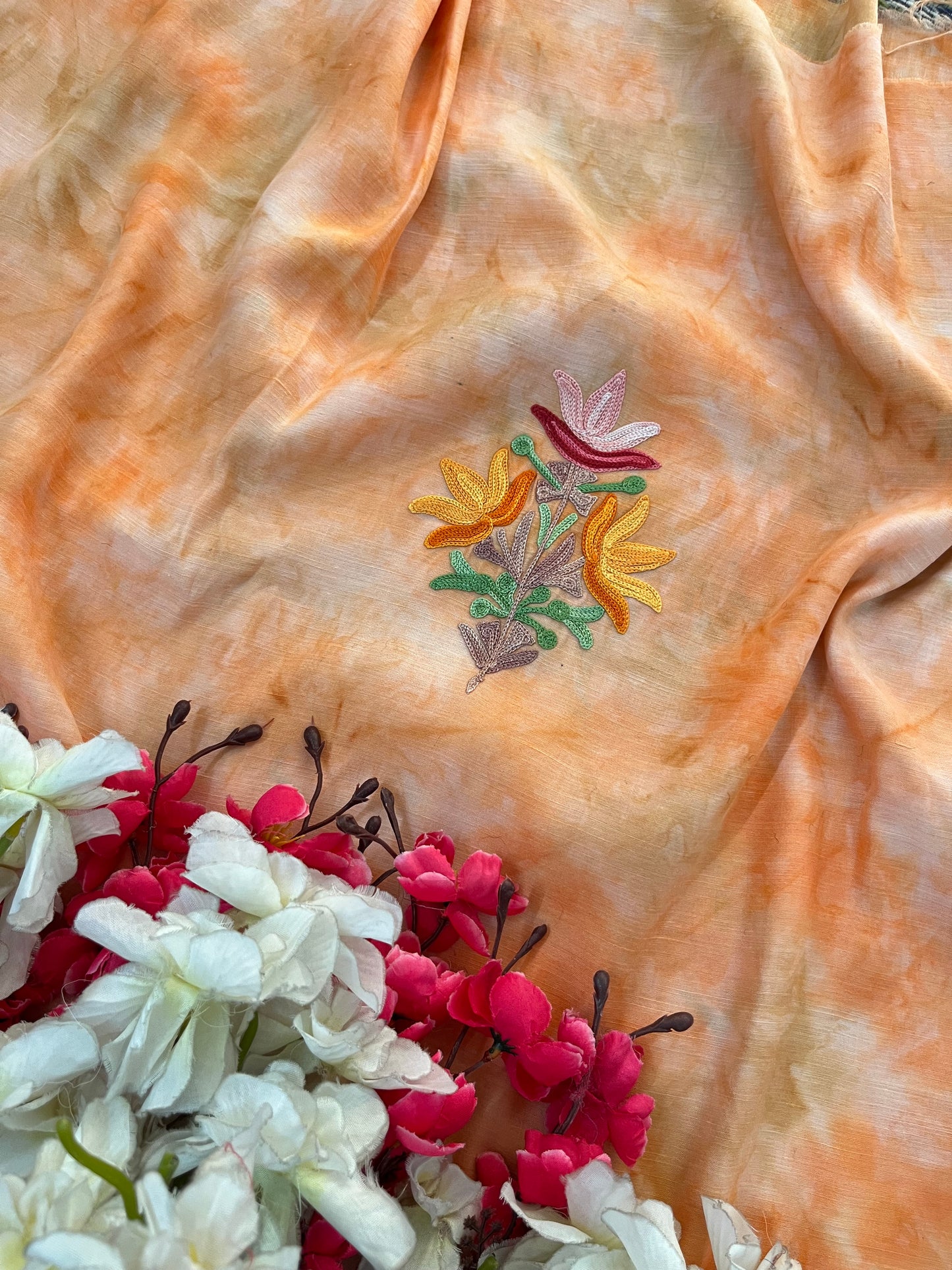 Tangerine Orange Self Work Satin Cotton Unstitched Co-ord Set