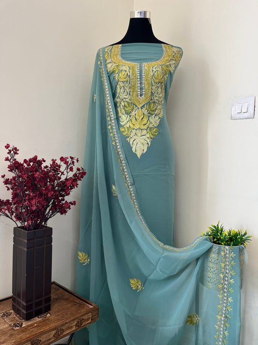 Mint Green Georgette Shirt and Dupatta Aari Embroidered Suit