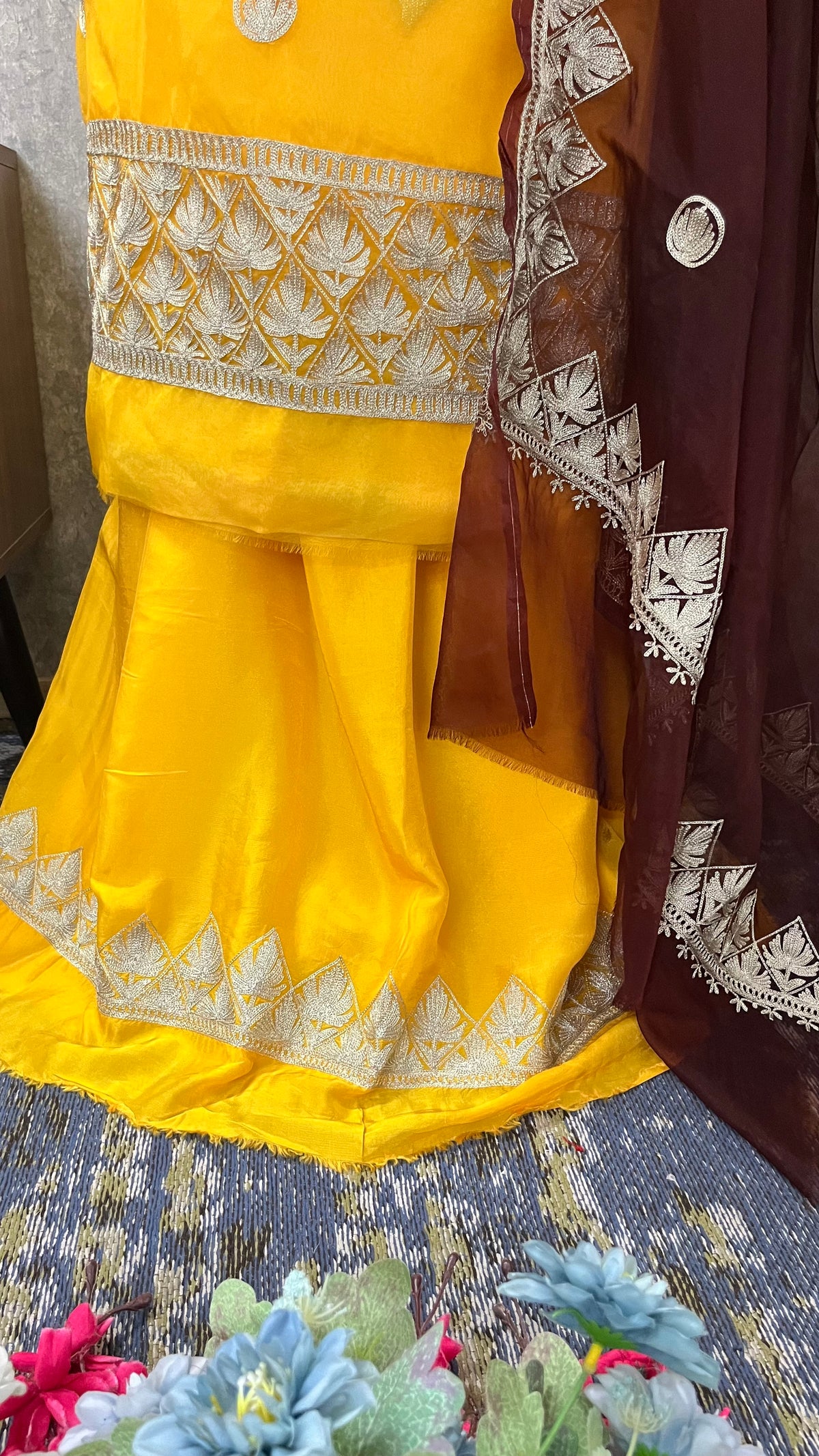 Yellow Soft Tissue Kashmiri Suit