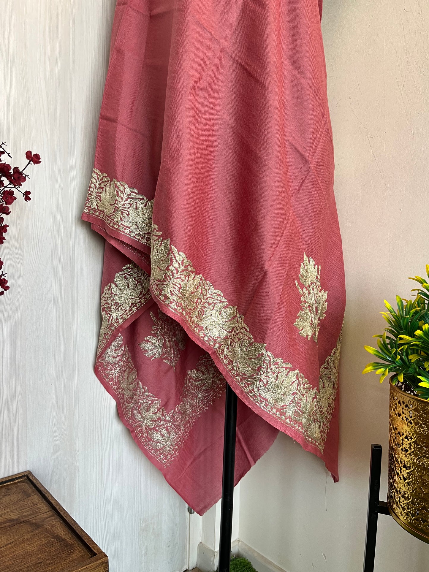 Onion Pink Fine Semi Pashmina Tilla Embroidered stole