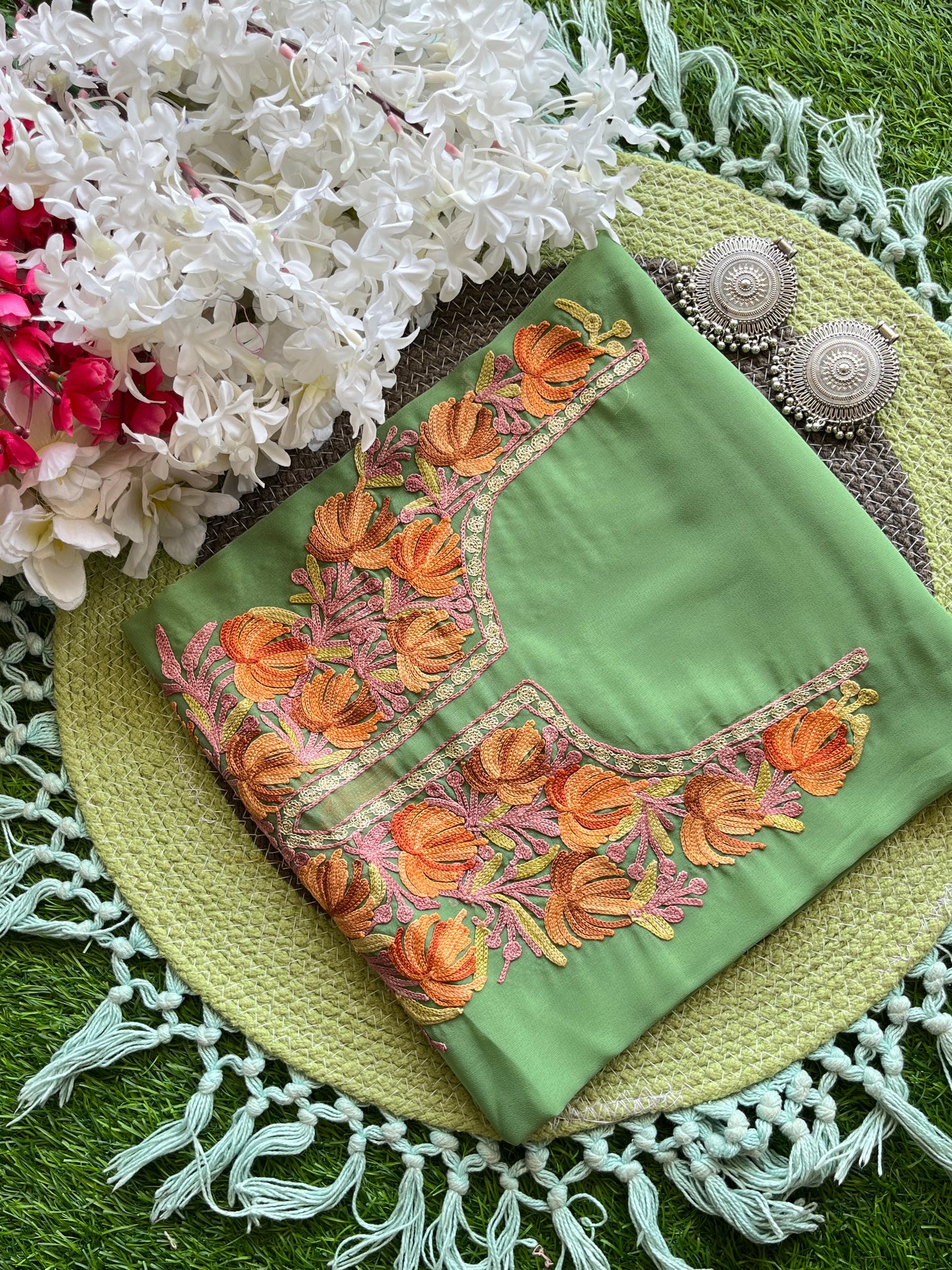 Tea Green Georgette Aari Embroidered Unstitched Kurta Material