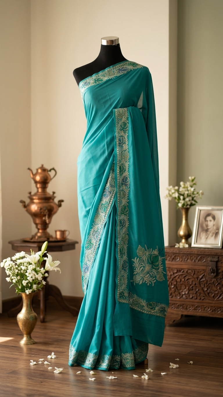 Blue Crape Kashmiri Saree with Tilla Outline