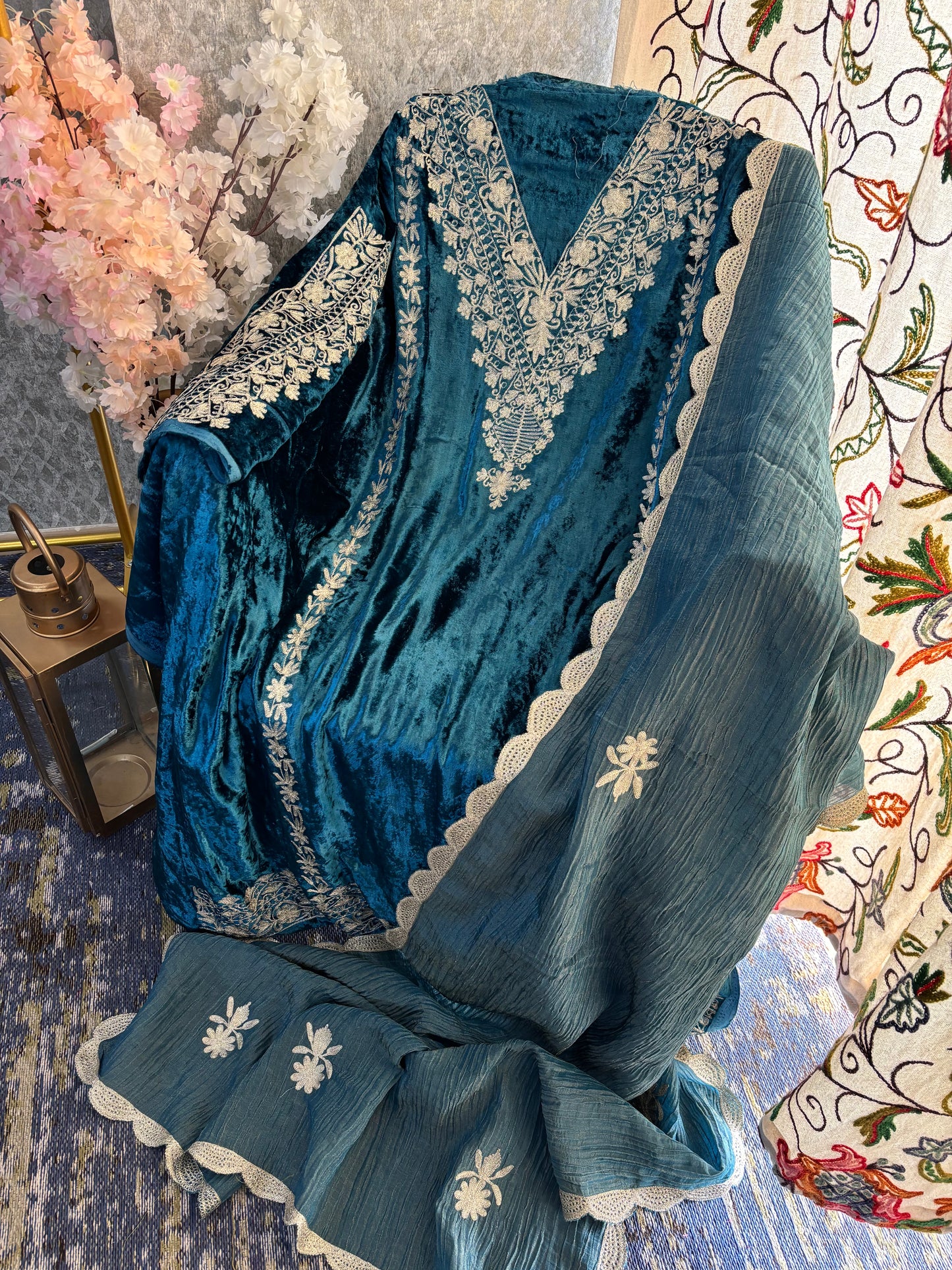 Teal Blue Tilla Pure Makhmal 3pc Suit Material