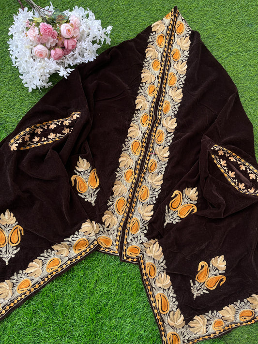 Brown Aari Embroidered Velvet Cape