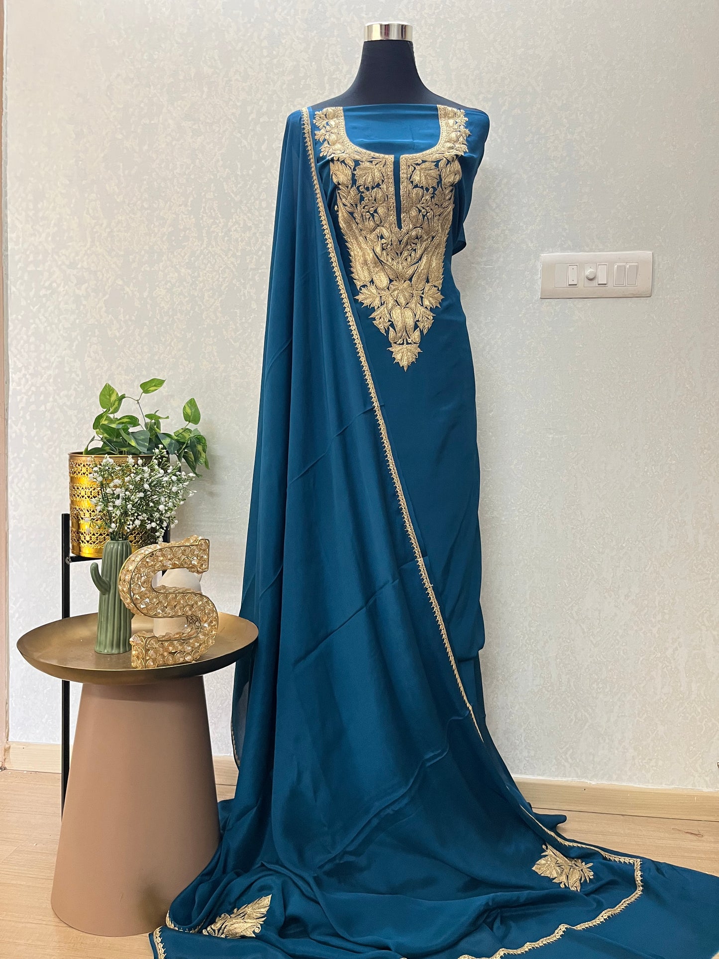 Peacock Blue Crape Kashmiri Suit
