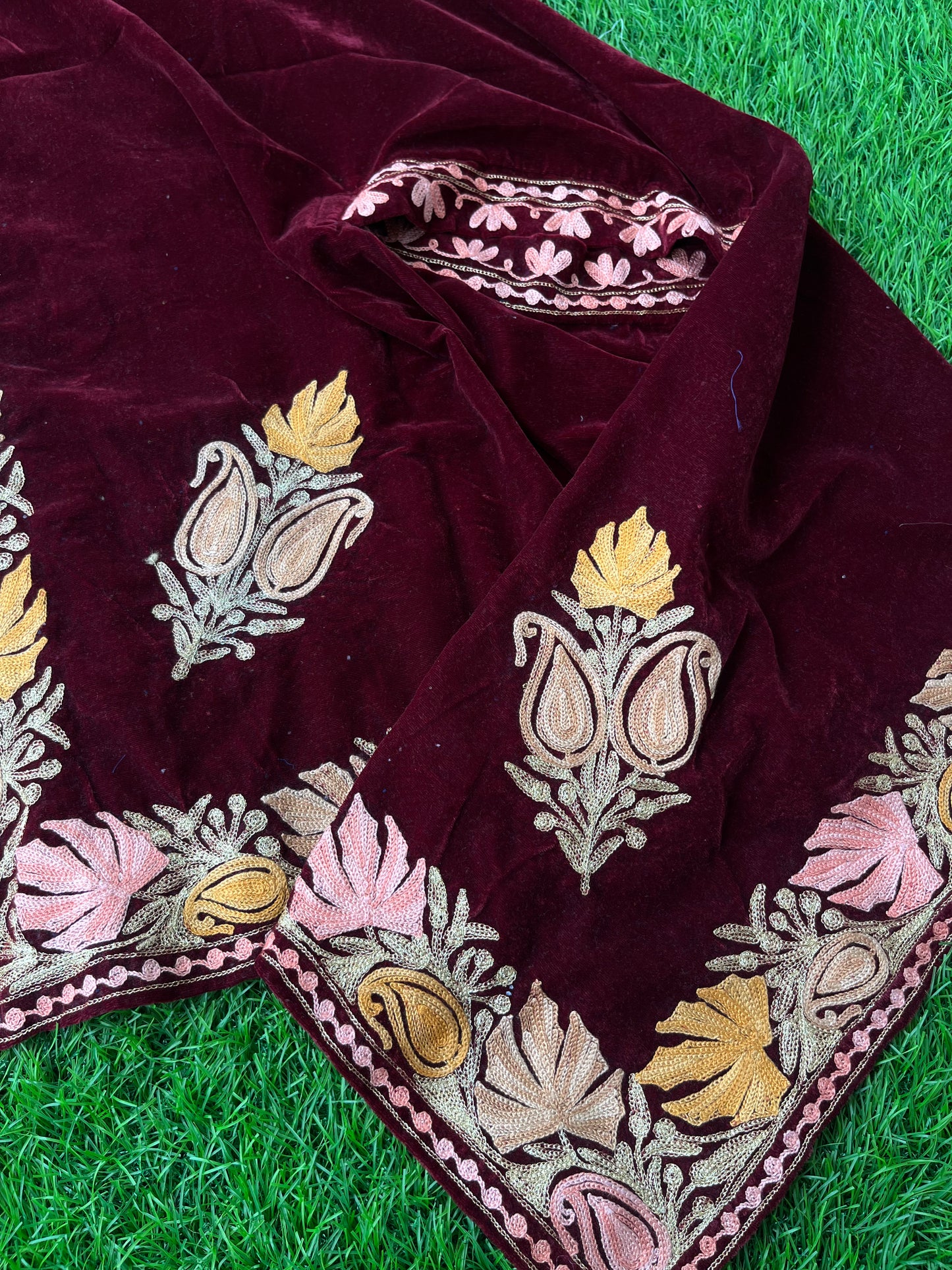 Maroon Aari Embroidered Velvet Cape