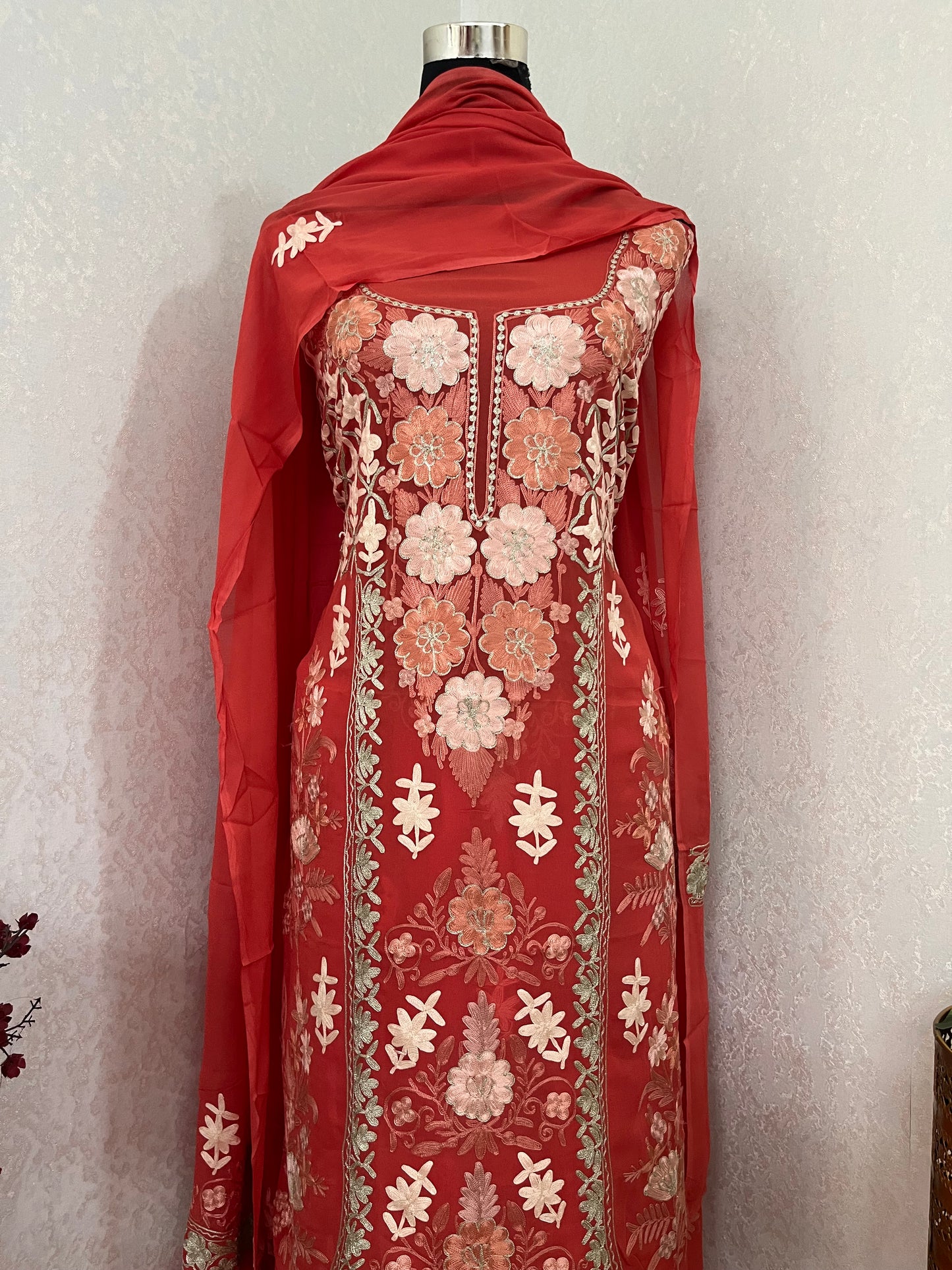 Soft Peach Pure Georgette 3 Pc Heavy Kashmiri Suit
