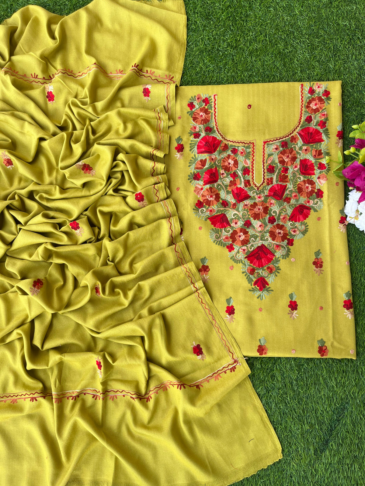 Lime Green Woollen Aari Embroidered 3pc suit