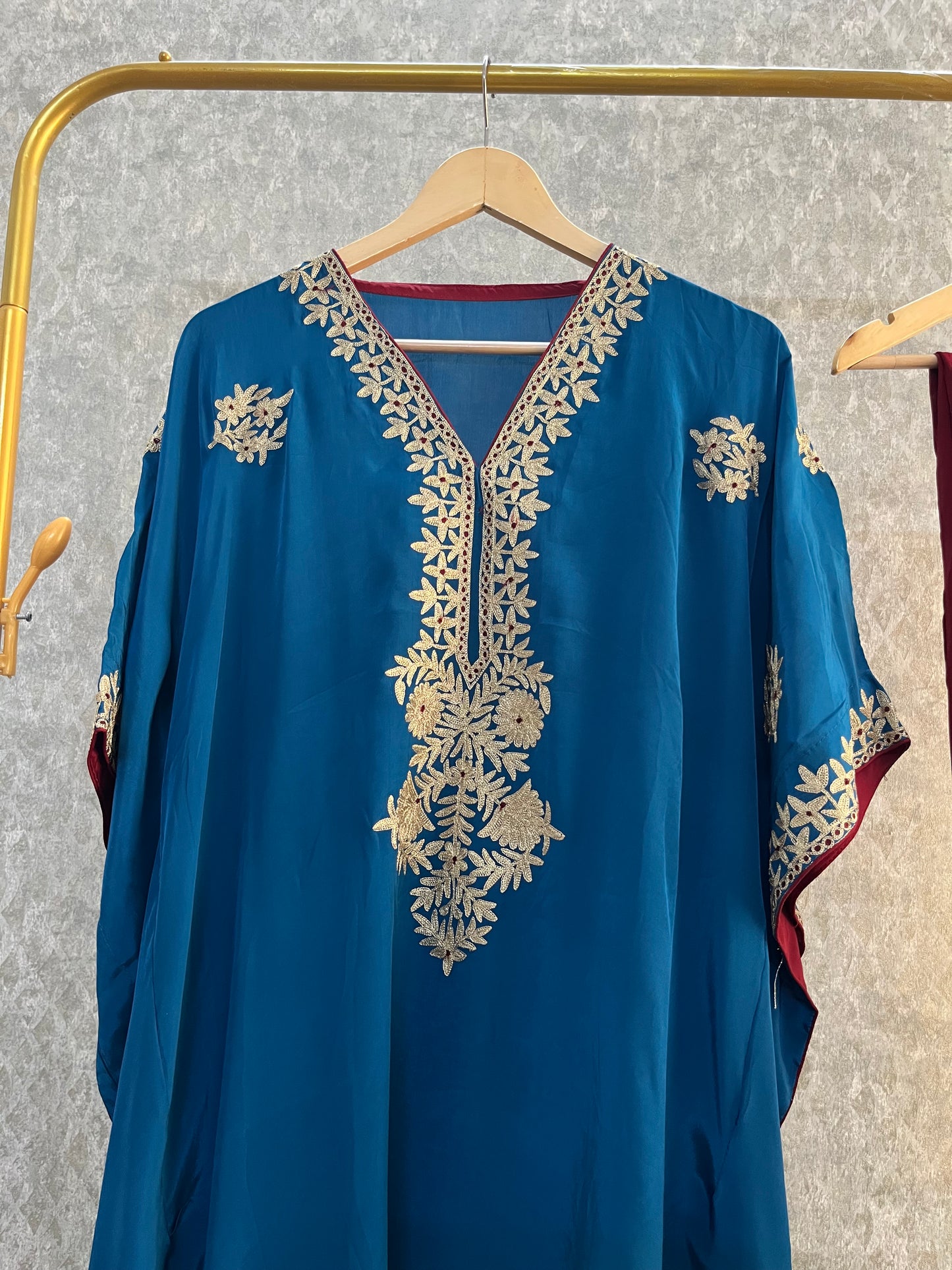 Peacock Blue Crape Kashmiri Kaftan Set size (44)