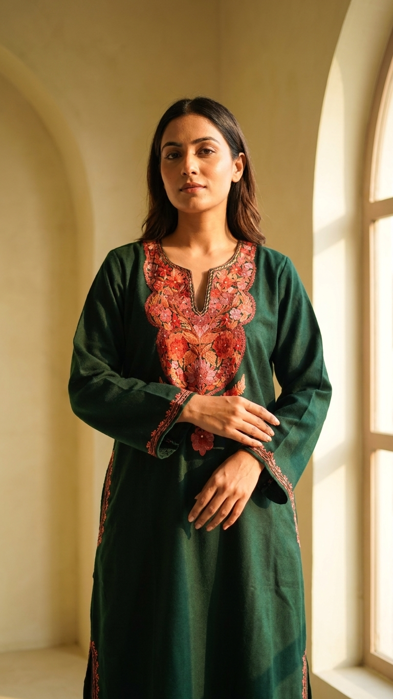 Green Aari Embroidered Wool Pheran