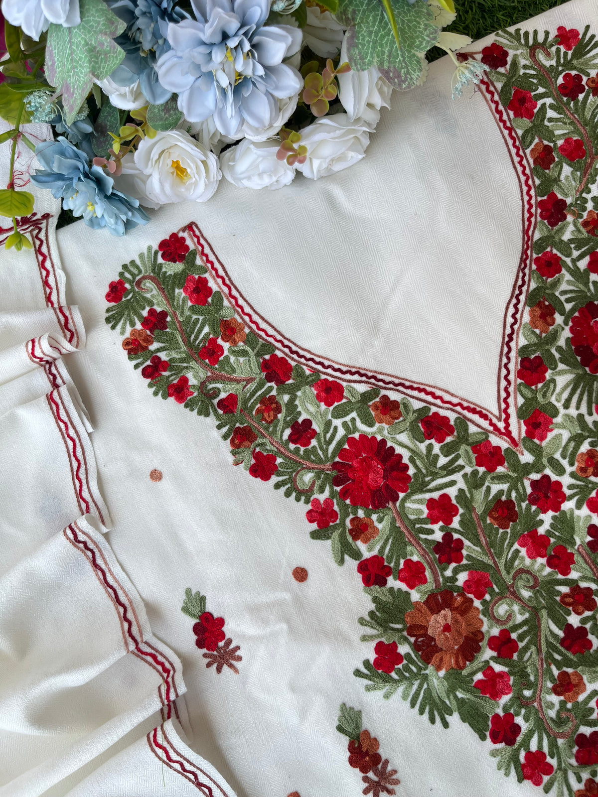 Off White Woollen Aari Embroidered 3pc suit