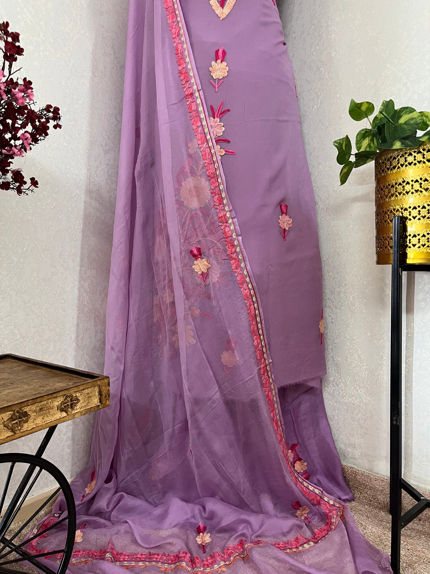 Panther Pink Pure Georgette Aari Embroidered Suito