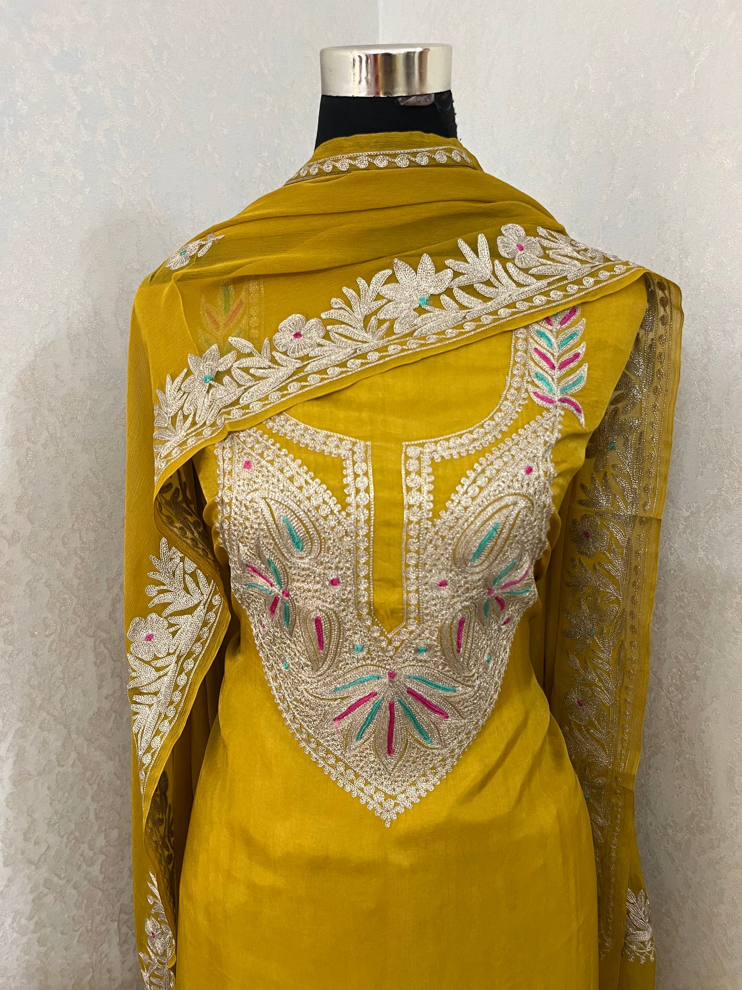 Golden Yellow Opada Silk Kashmiri Suits