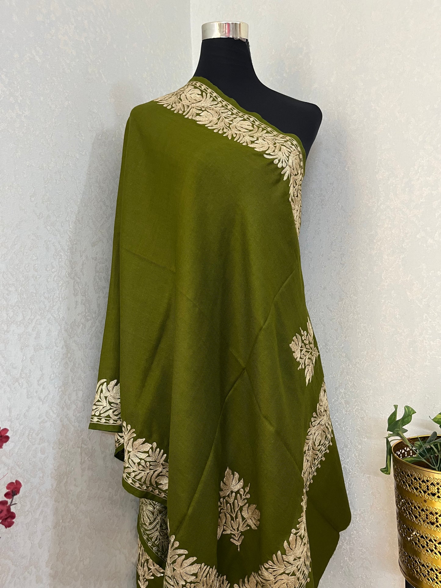 Army Green Semi Pashmina Tilla Embroidered stole