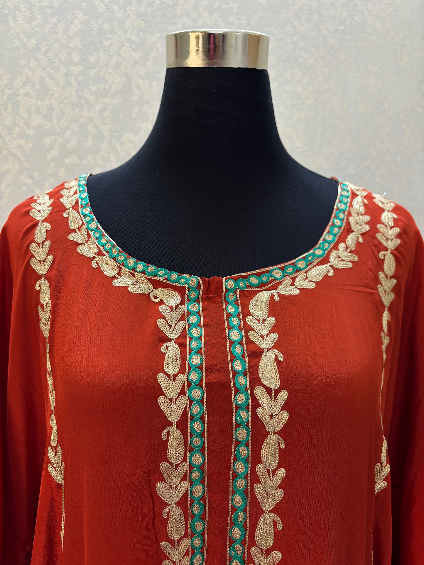 Rust Crape Front Back Kashmiri Kaftan Set