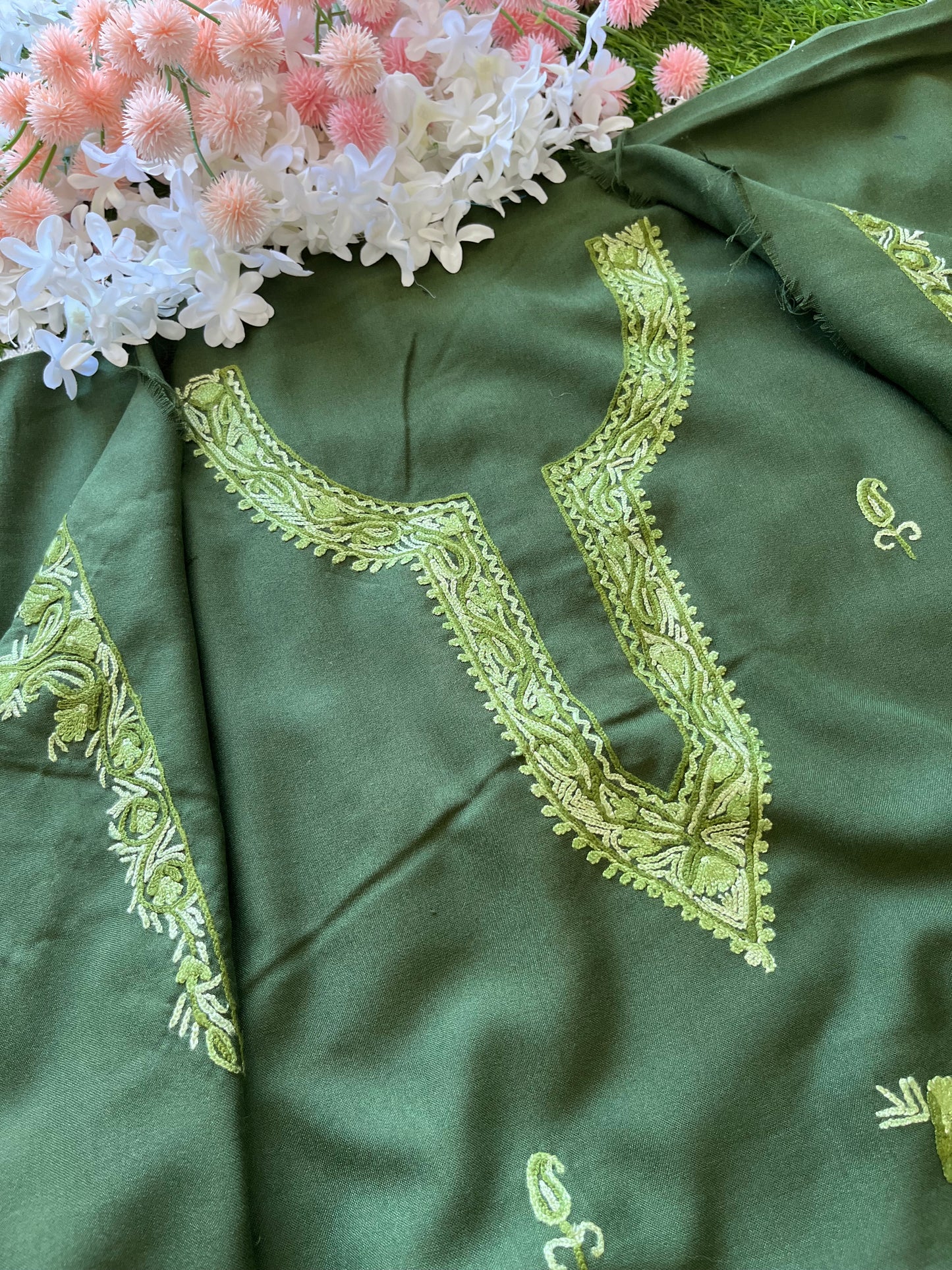 Cotton Green Two Piece Set (Hand Embroidered)