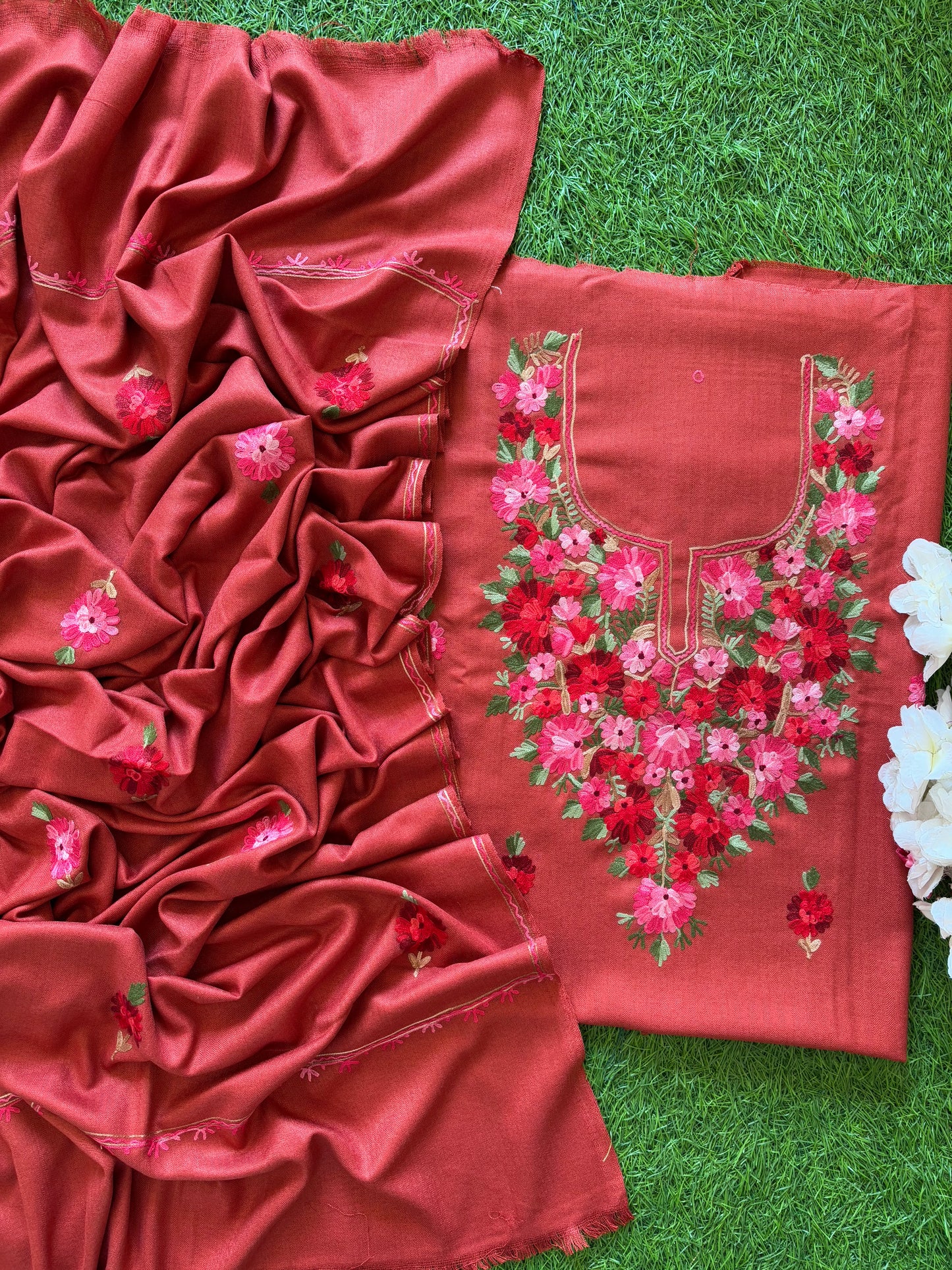 Carrot Red Woollen Aari Embroidered 3pc suit