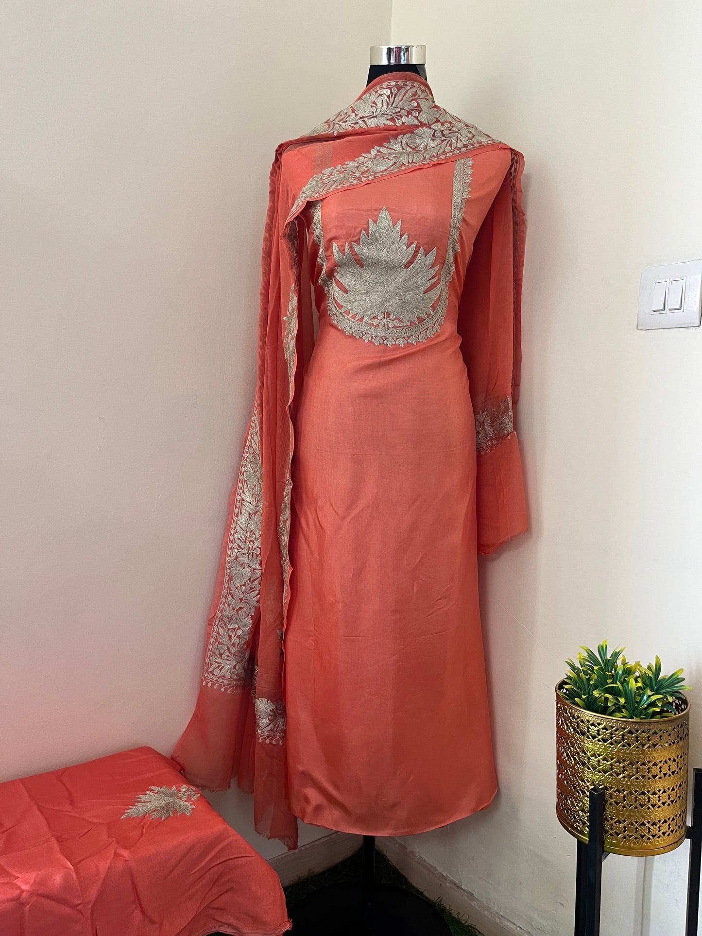 Sanam’ Peach Tilla Embroidered Suit material