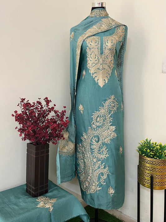 Pastel Green Tilla Embroidered Suit material