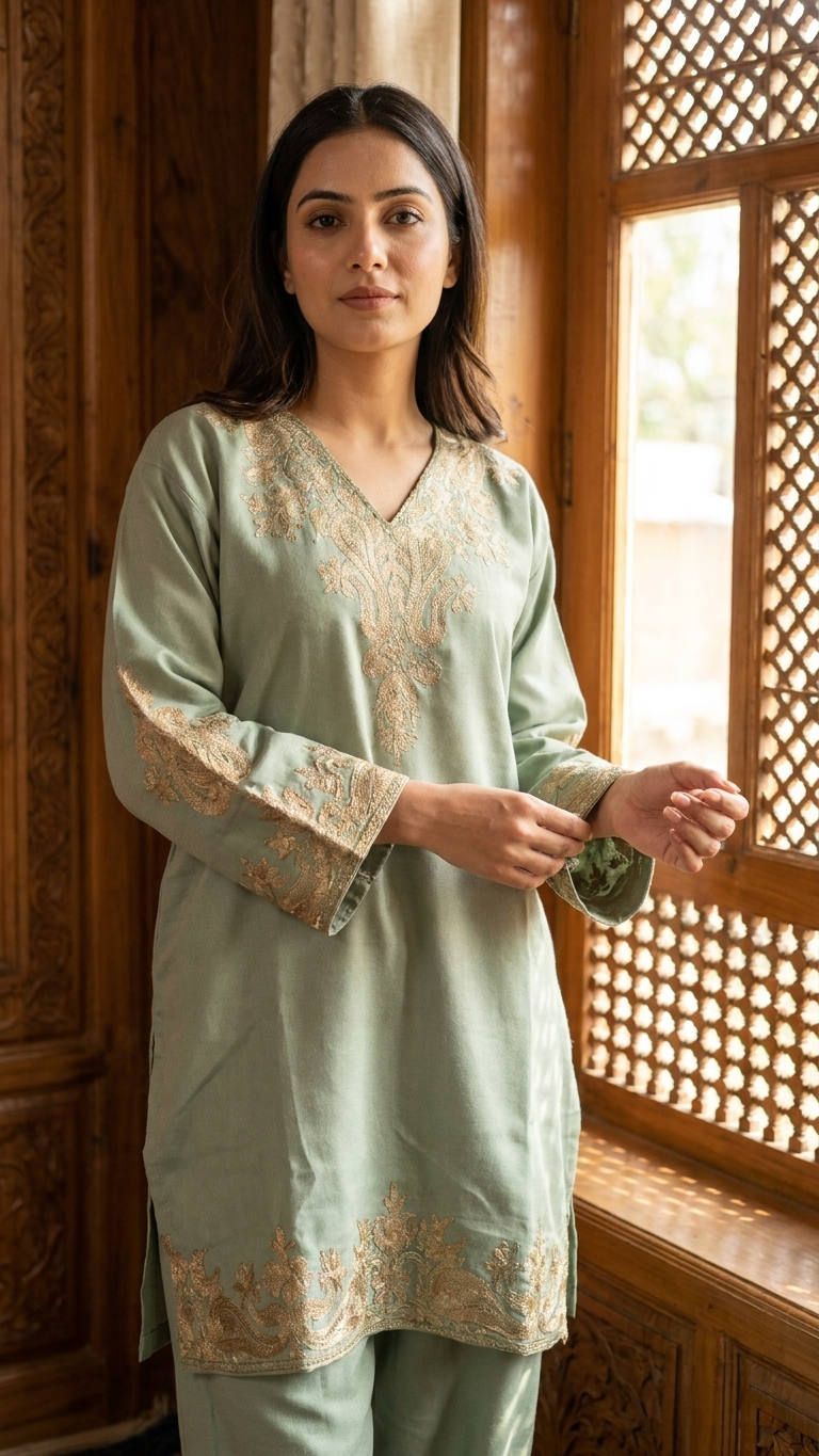 Light Green Woollen Kashmiri Co-Ord Set ( Size 48)