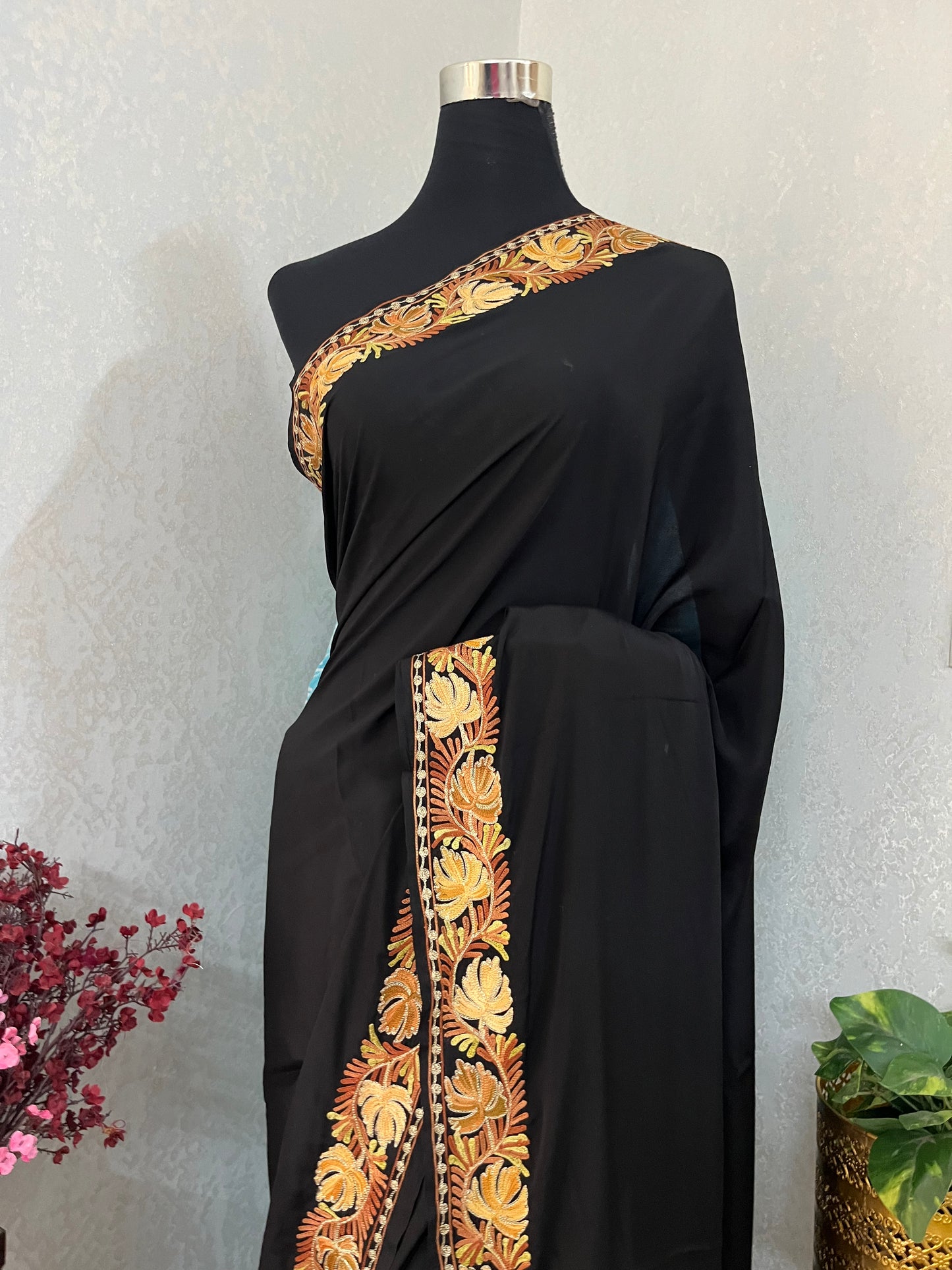 Black Crape Kashmiri Saree with Tilla Outline