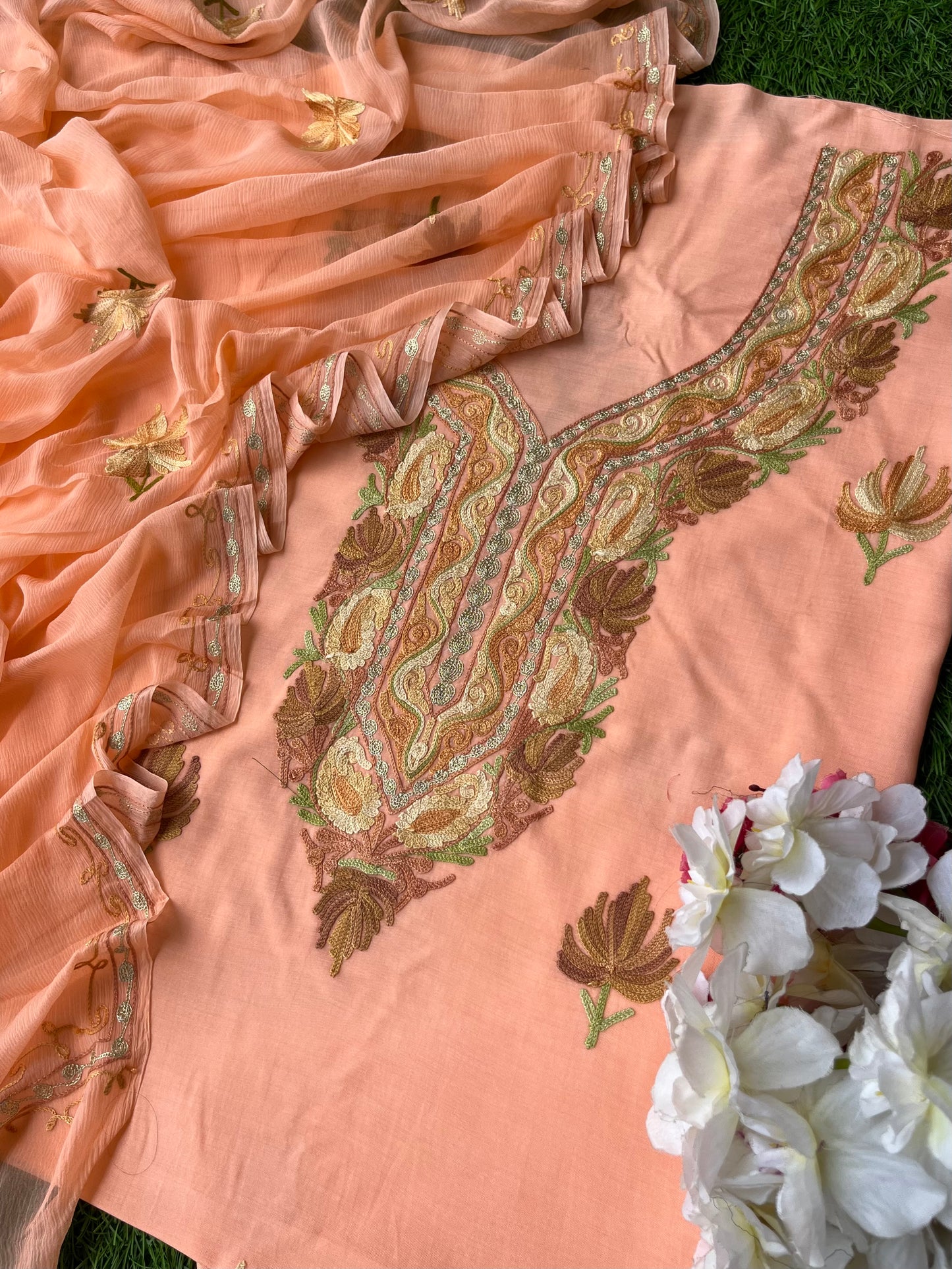 Peach Muslin Cotton Aari Embroidered 3pc set