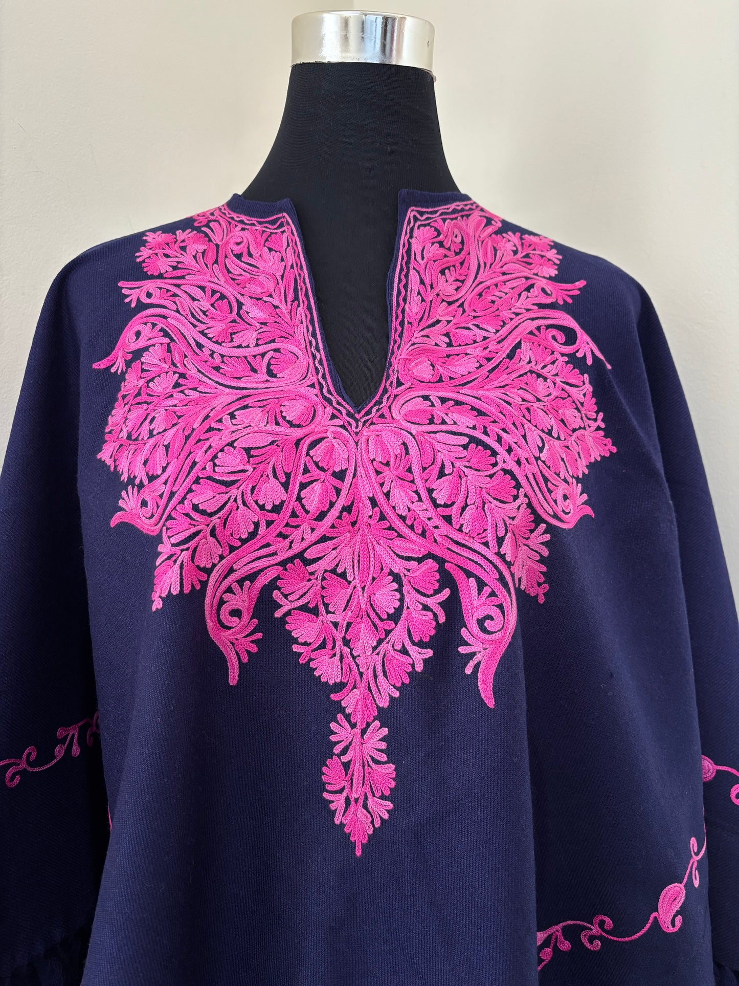 Navy Blue Aari Embroidered Wool Poncho