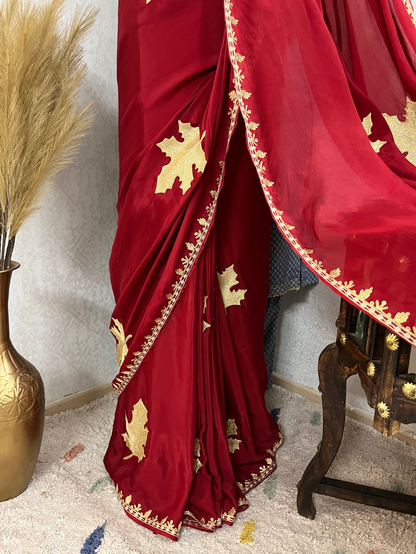 Maroon Pure Chinon Kashmiri Tilla Saree