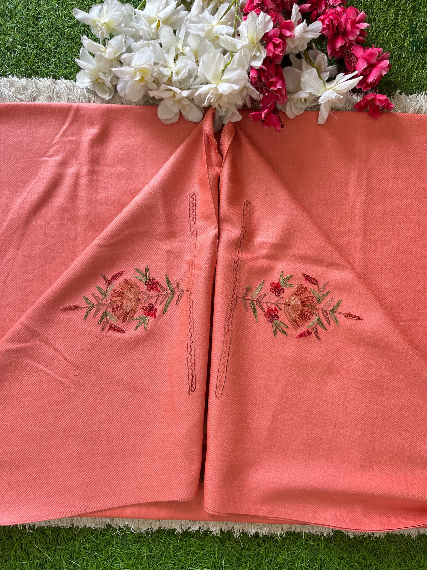 Rose Pink Woollen Aari Embroidered 2pc suit 5mtr