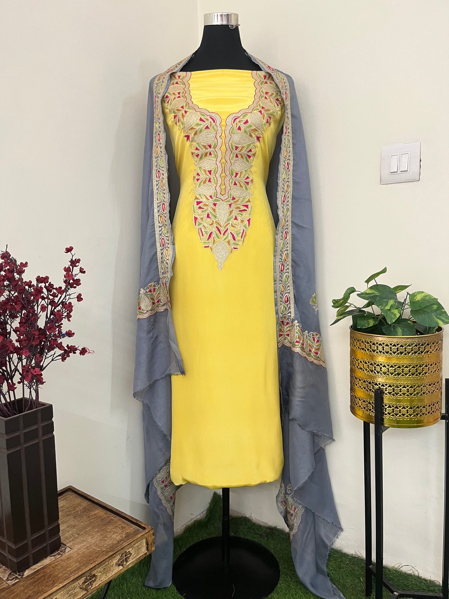 ‘Kalaa’ Lemon Yellow Crape Kashmiri Suit