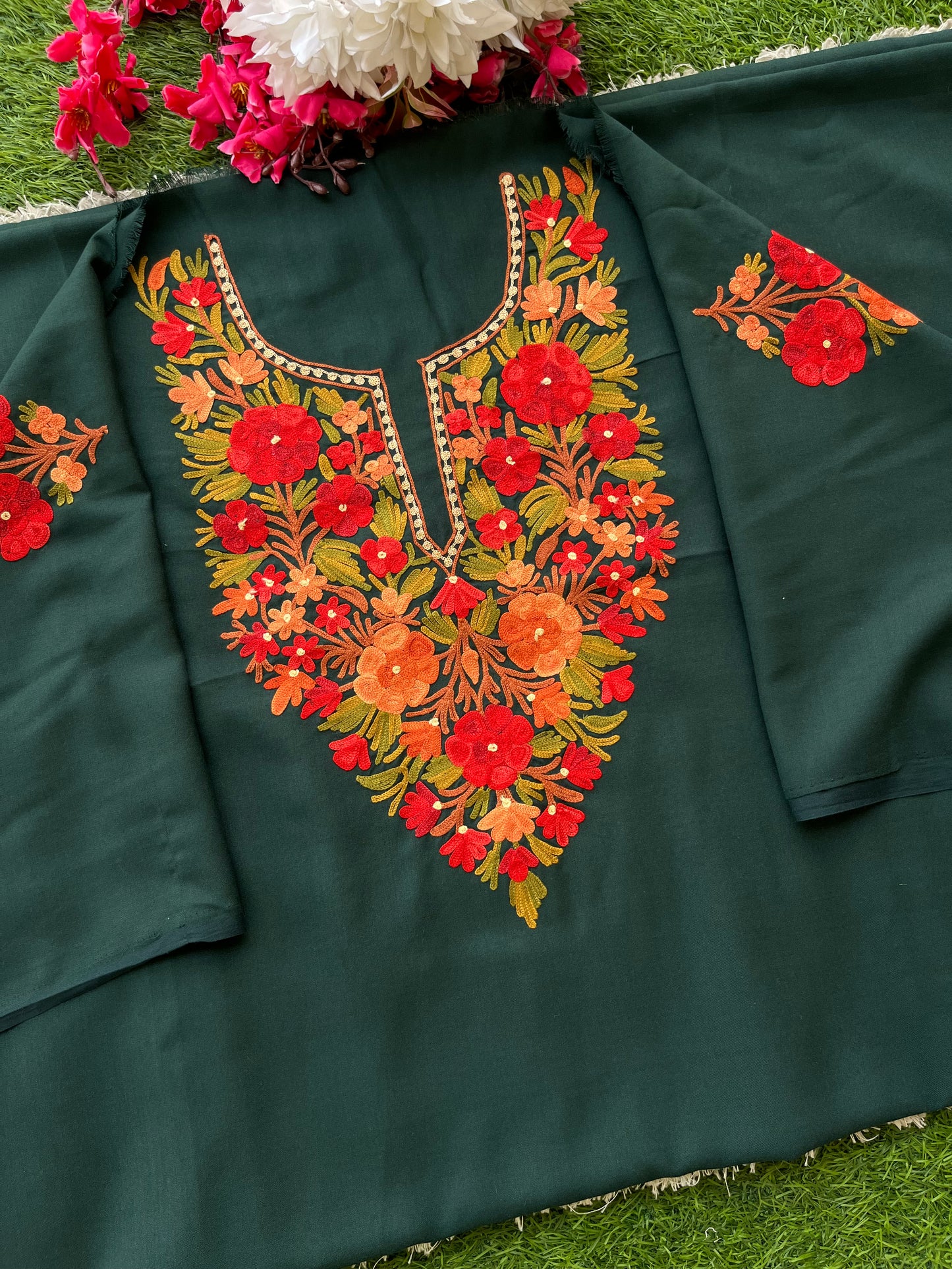 Bottle Green Cotton Cord Set (Aari Embroidered)