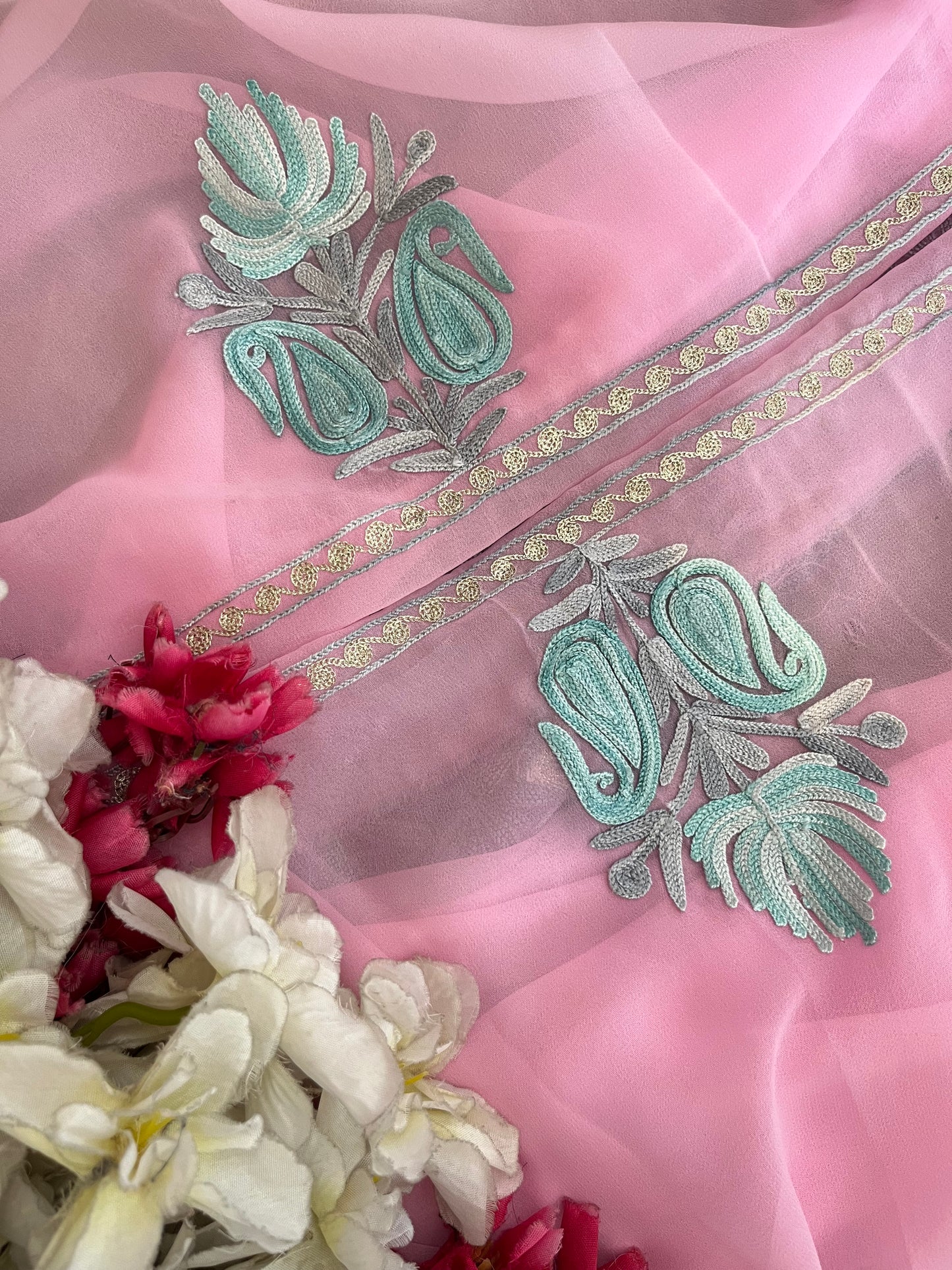 Soft Pink Georgette 3 Pc Aari Embroidered Suit Set