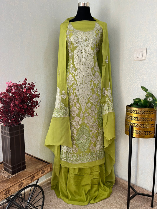 Green Pure Soft Organza 3 Pc Heavy Kashmiri Suit