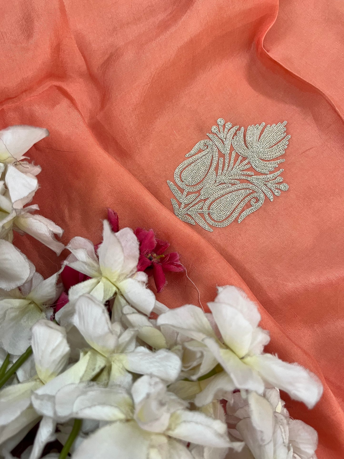 Sanam’ Peach Silk Tilla Embroidered Suit material
