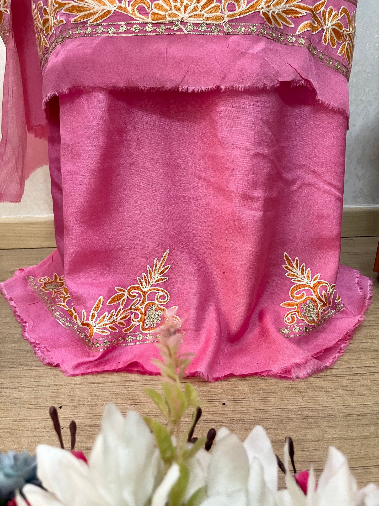 Pink Pure Chinon 3 Pc Heavy Front Back Kashmiri Suit