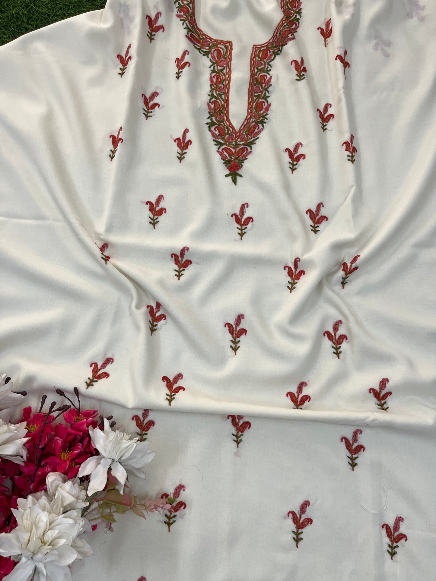 Off White Cotton Two Piece Suit (Hand Embroidered)