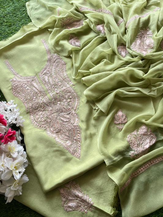 ‘Kalaa’ Pista Green Muslin Silk Tilla Embroidered Suit material