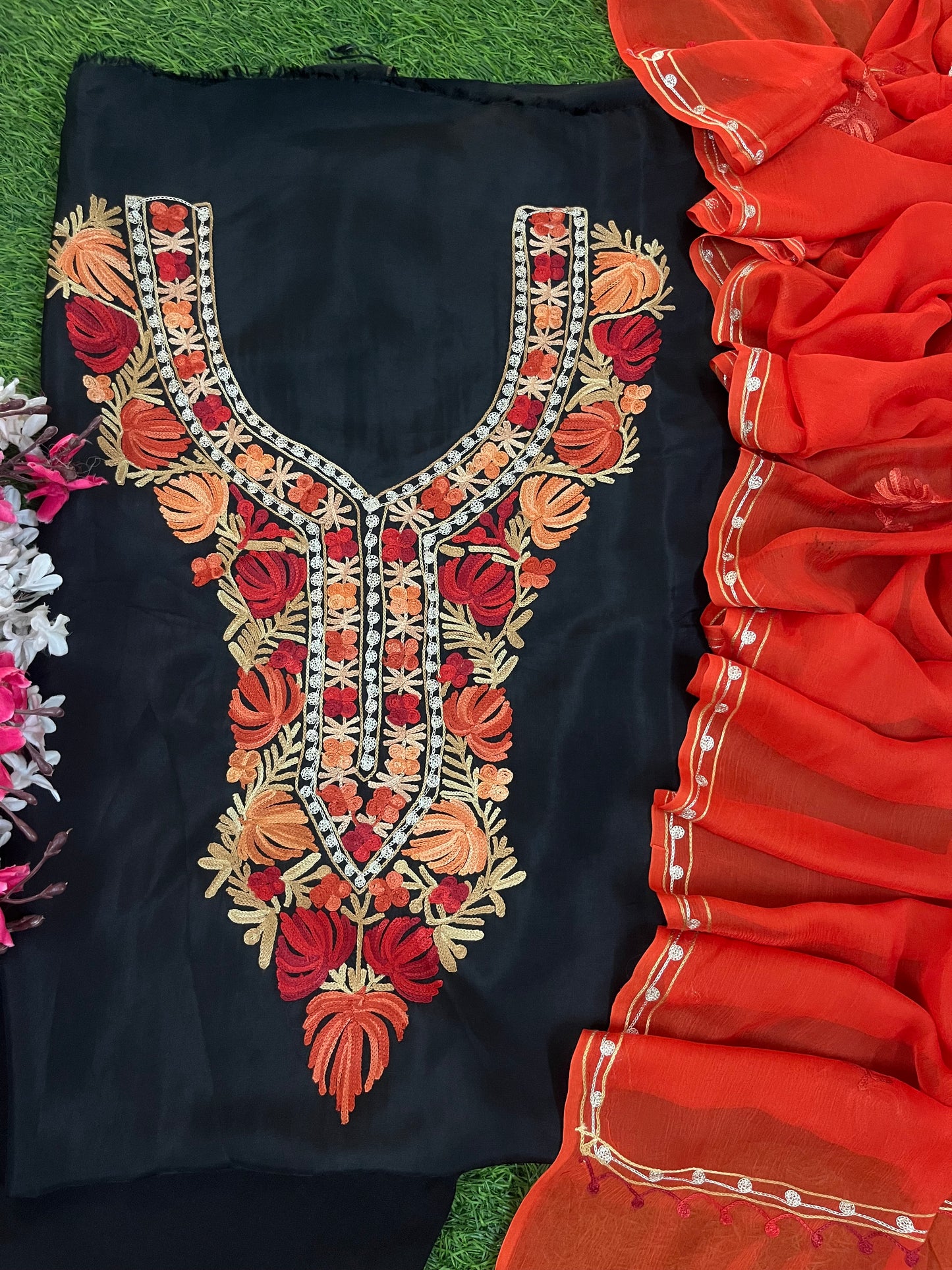 Black Opada Silk Kashmiri Suit