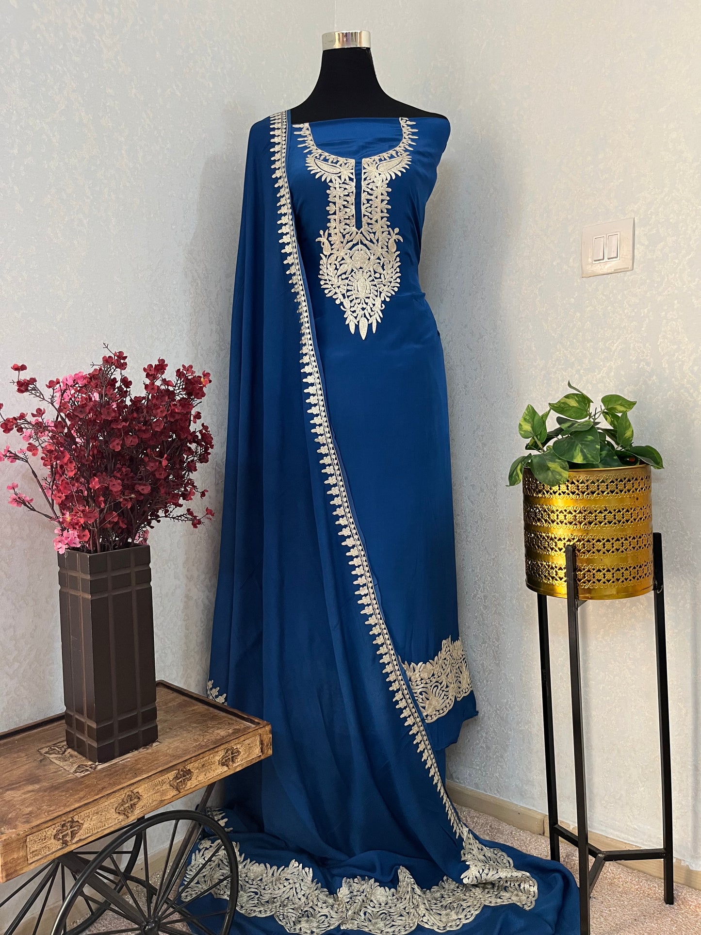 Electric Blue Crape Kashmiri Suit