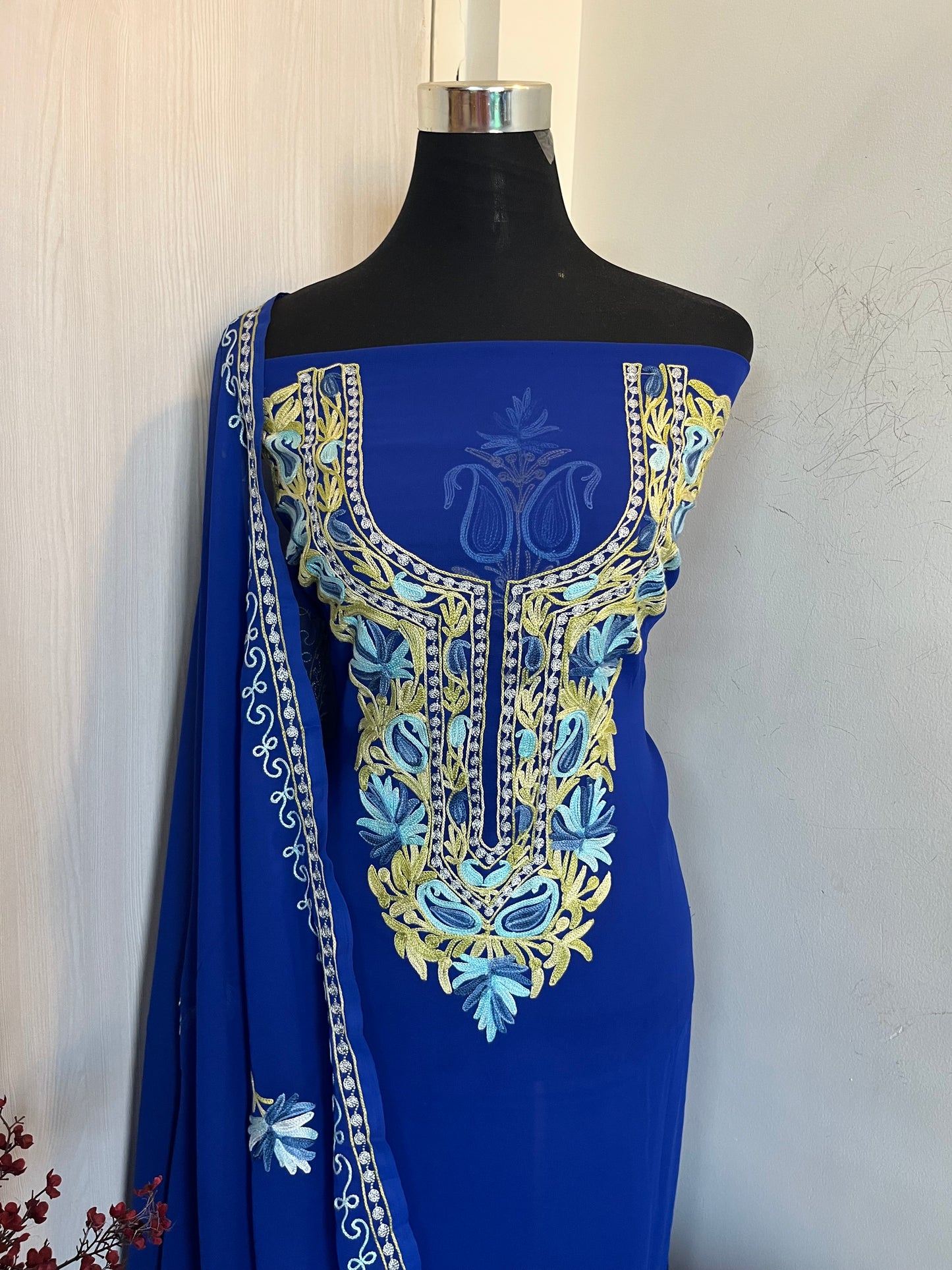 Georgette Royal Blue Two Piece Shirt and Dupatta Aari Embroidered Suit set