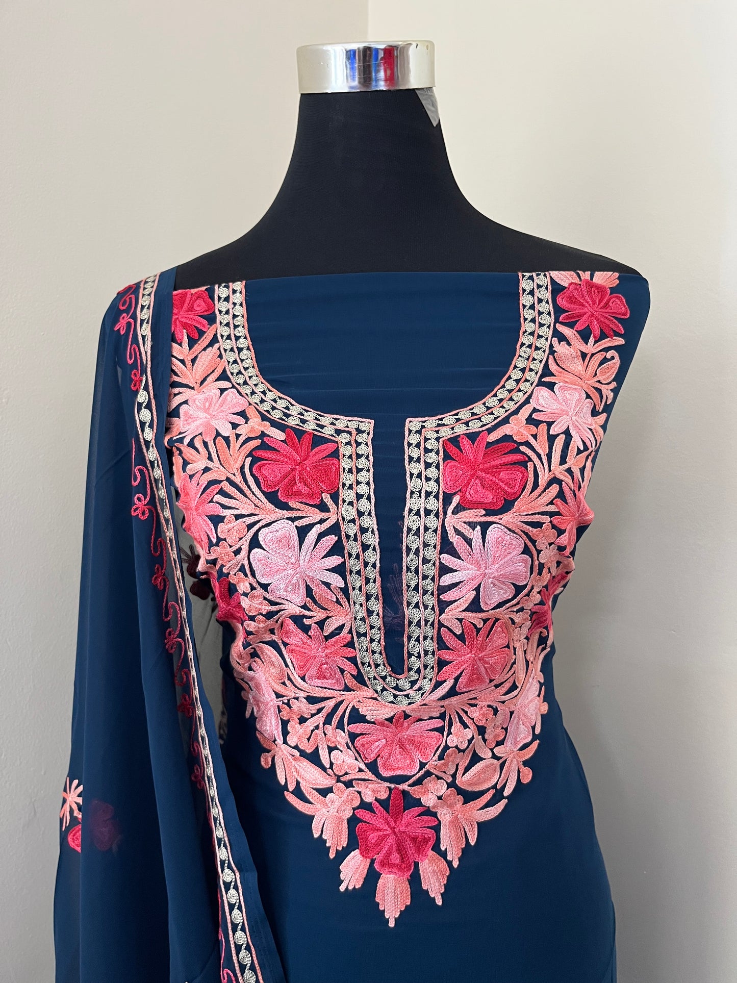 Teal Blue Georgette Shirt and Dupatta Aari Embroidered Suit